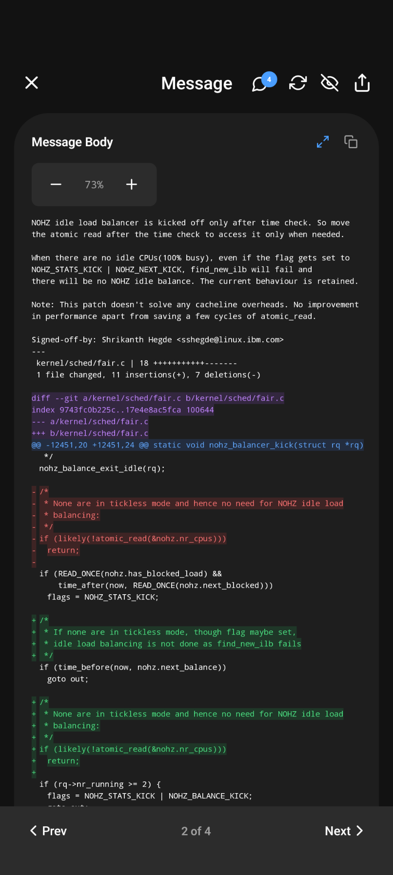 Lore Reader message detail with syntax highlighted patch