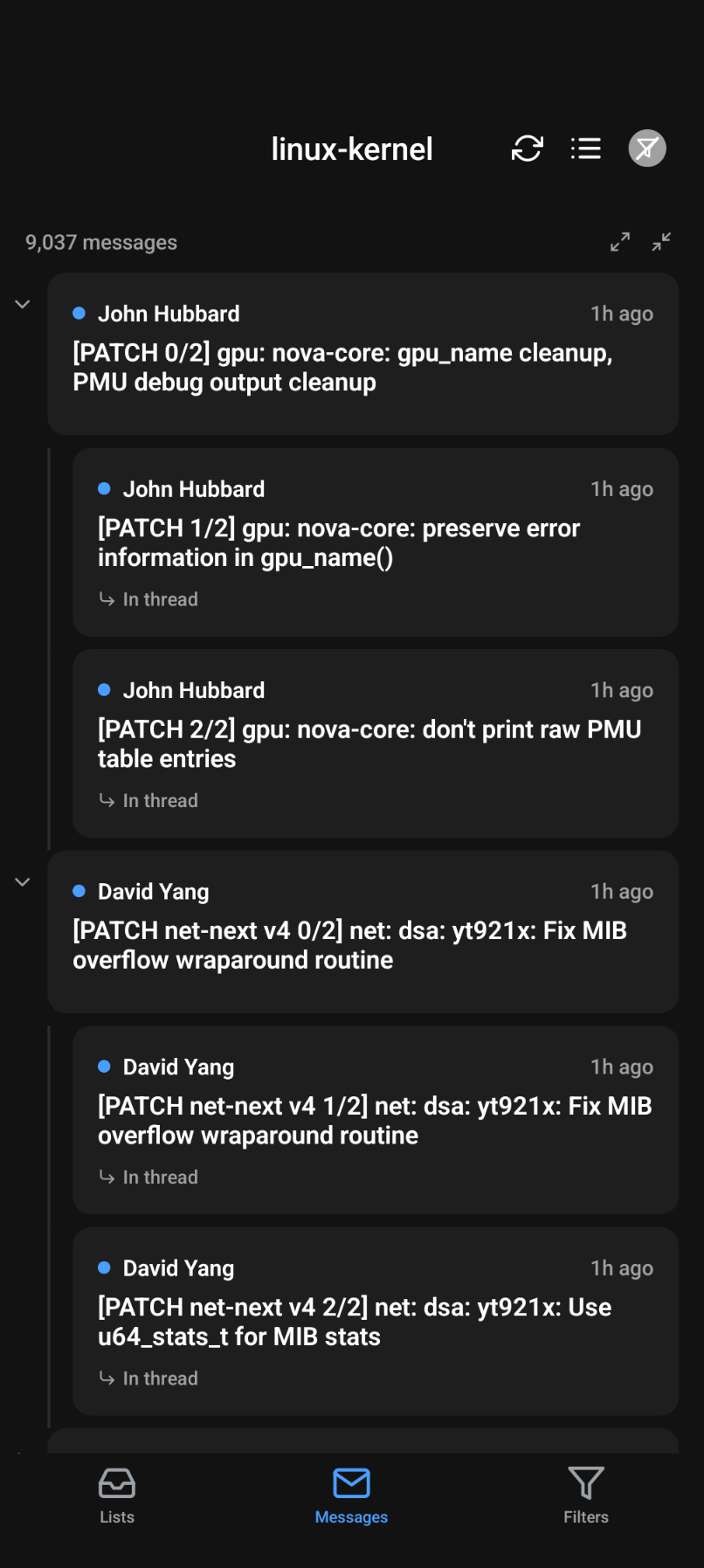 Lore Reader thread view showing message threads with indentation